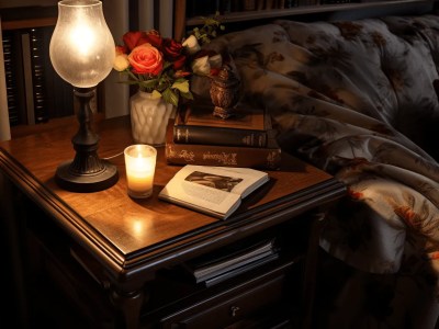 Books, Candles, And Flowers Sitting In Front Of A Bookcase