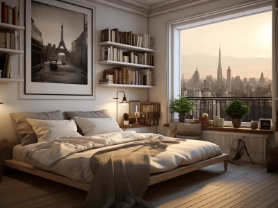 Bookshelves In A White Bedroom With A Window Overlooking A City