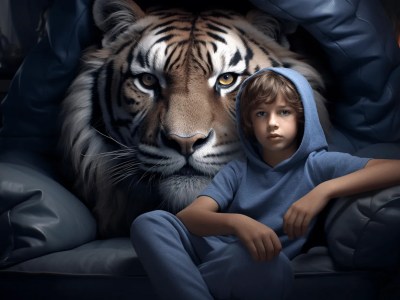 Boy Laying On The Couch Next To An Enormous Tiger