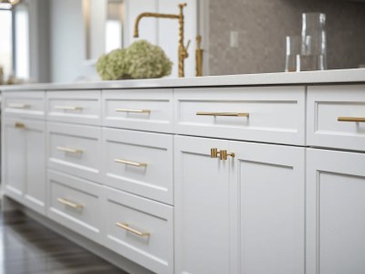 Brass Handles On A White Kitchen Cupboard