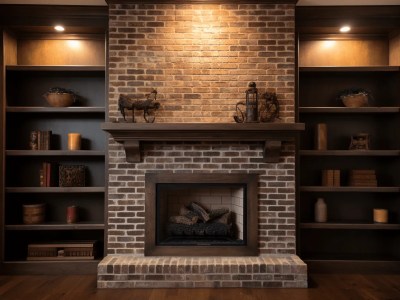 Brick Fireplace With Wood Shelves And Bookshelves In It