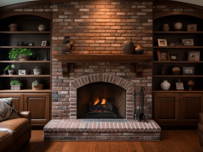 Brick Fireplace With Wooden Shelves And Fireplace Surround