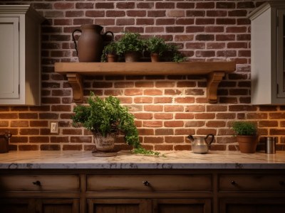 Brick Kitchen With Potted Plants With Lights In