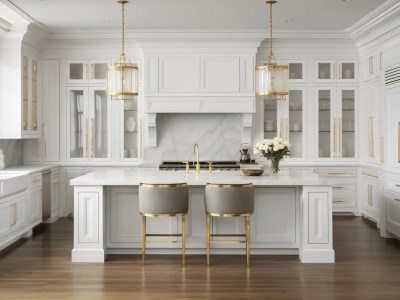 Bright And Attractive White Kitchen With Golden Stools