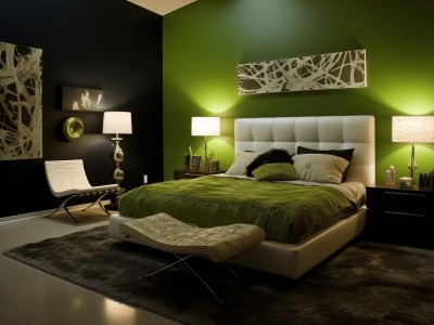 Bright Bedroom Decorated In Green And Black