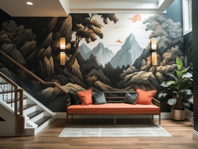 Bright Foyer With A Mural And Orange Sofa