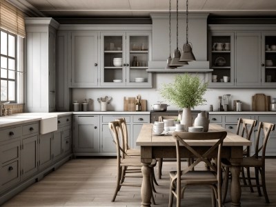 Bright Kitchen With Grey Cabinets And Wooden Tables