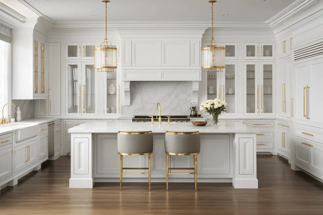 Large, white kitchen with brown wooden floors and gold lighting, daz3d, neoclassical clarity, light gray and gold, simplified, handcrafted beauty, ilford pan f, utilizes