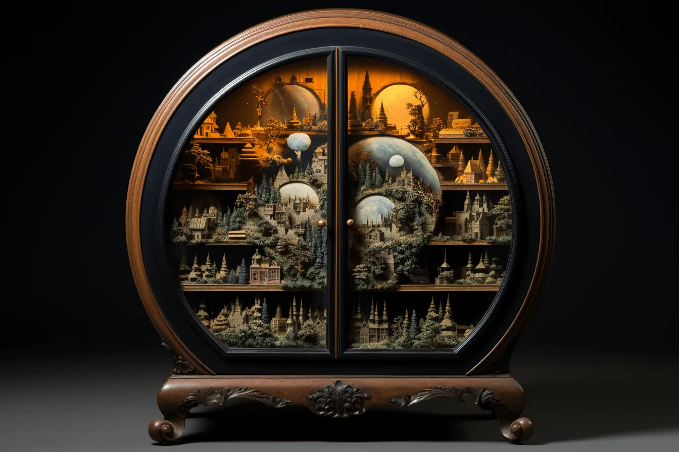 Ornate cabinet with carved objects mounted, surreal 3d landscapes, luminous spheres, terraced cityscapes, mote kei, museum gallery dioramas, dark, moody landscape, symmetrical composition