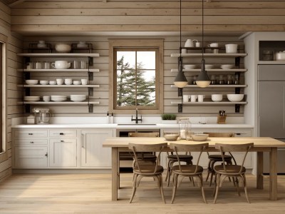 Cabin Kitchen With Wooden Shelves And A Table