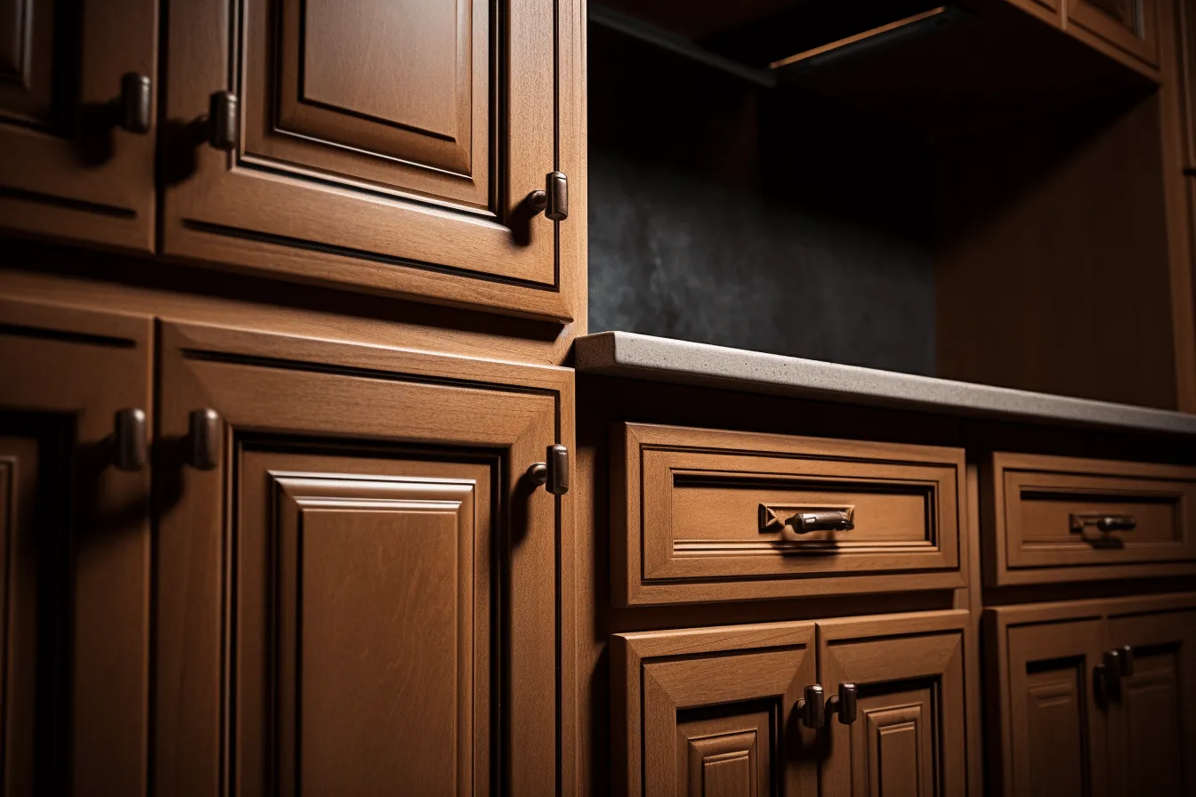 Cabinets with wood doors and drawer handles, realistic still lifes with dramatic lighting, uhd image, back button focus, dark orange and brown, elaborate detail, strong diagonals, precision of detail