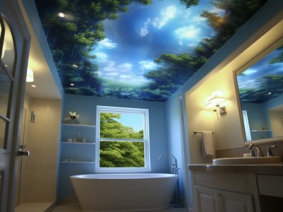 Ceiling In This Bathroom Is Painted With Trees