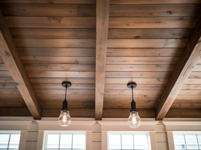 Ceiling Lights In A Room With Wood Floors, Wooden Walls, And Wood Beams