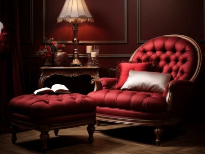 Chair And Ottoman Are Red With Gold Trim