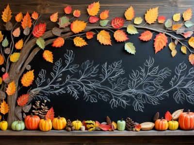 Chalkboard Decoration Featuring Paper Leaves, Pumpkins, Cornstalks And Leaves