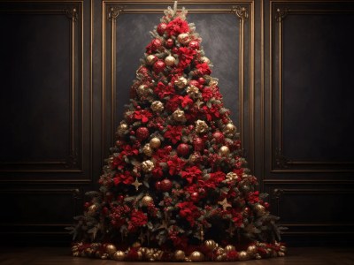 Christmas Christmas Tree 3D Illustration With Ornaments  Red, Gold Christmas Tree In Black And Red Interior