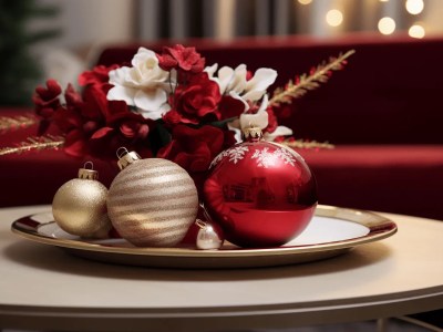 Christmas Decorations On A Table With Red Couch