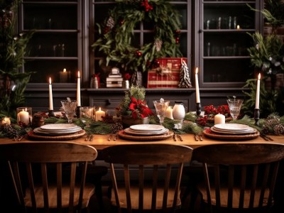 Christmas Dining Room Table Set With Candles And Decorations