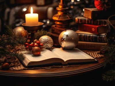 Christmas Eve Scene That Includes Candles, Ornaments And An Open Book