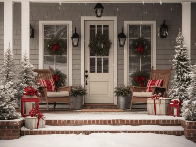 Christmas Porch With Chairs And Gifts On The Steps