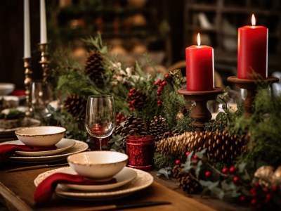 Christmas Table Setting With Candles, Decorations And Tablecloth