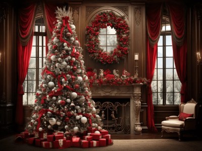 Christmas Tree In A Room With Christmas Trees And Gifts