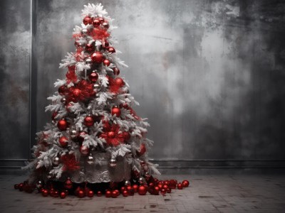 Christmas Tree In A Room With Silver And Red Decorations Stock Photo