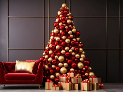 Christmas Tree Tree Decorated With Presents Sitting In A Modern Living Room With Red Armchair