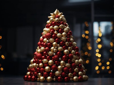 Christmas Tree With Gold And Red Balls In A Darkened Room