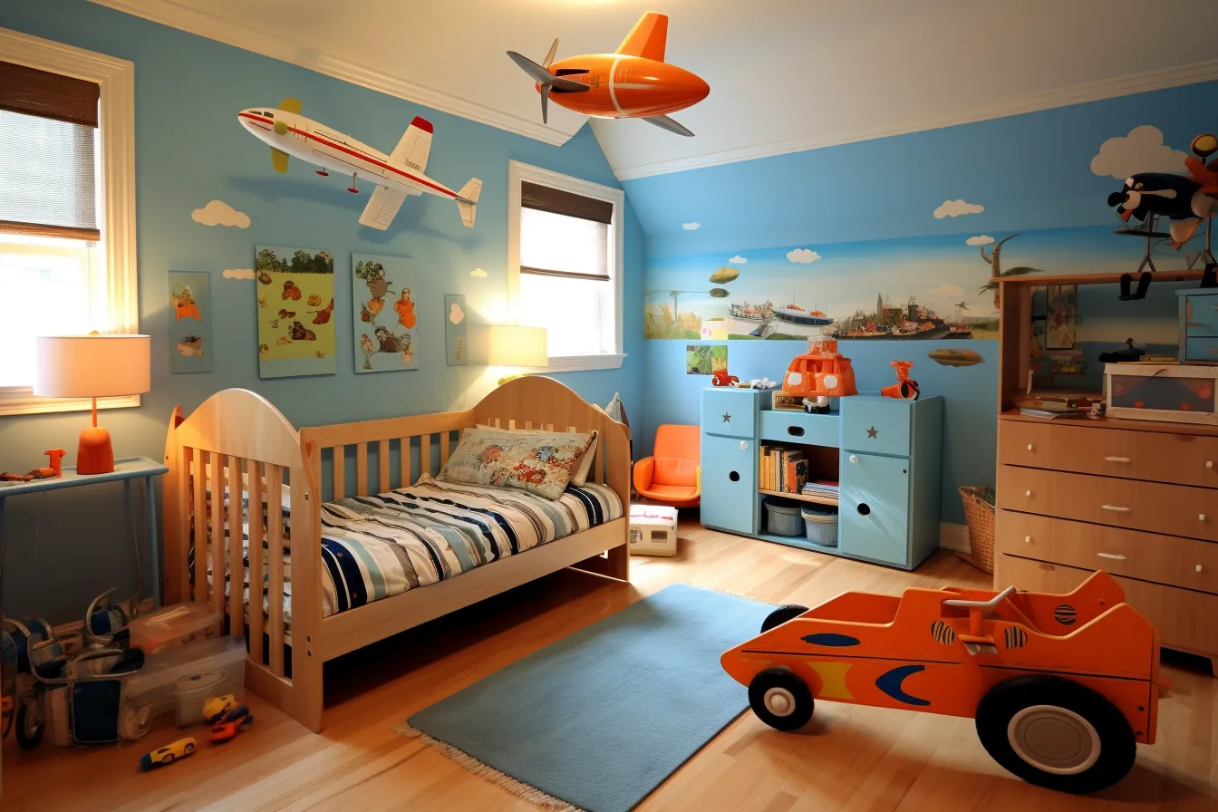 Beautiful blue baby room, sky-blue and orange, meticulous military scenes, forced perspective, caricature-like, wood, light red and light green, strong lighting contrasts