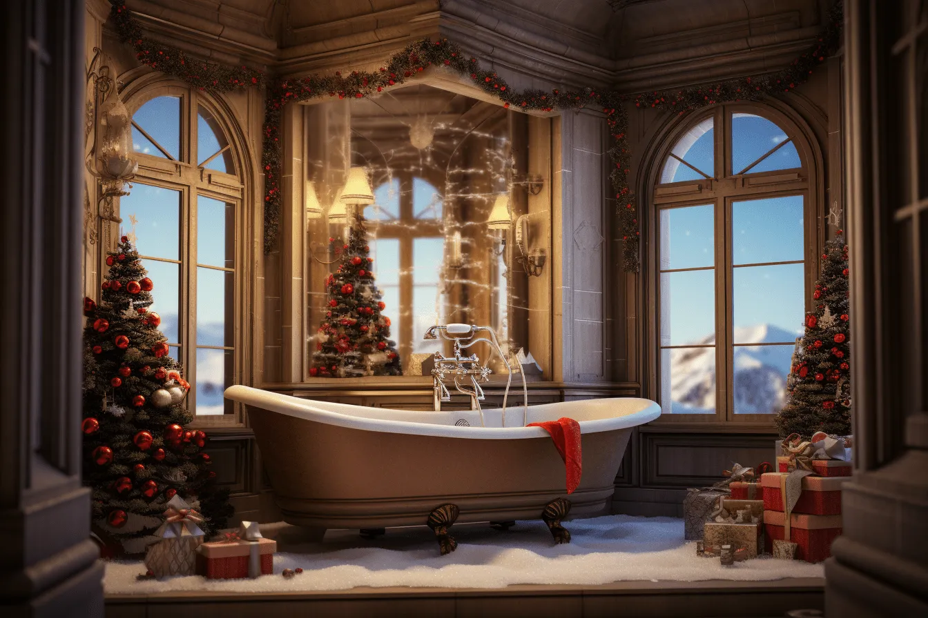 Christmas inspired 3d render featuring bathtub and red lights, 32k uhd, traditional landscapes, windows vista, ironical, captivating scenes, detailed miniatures, pictorial