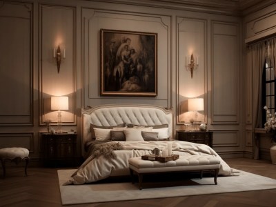 Classic Bedroom With A Bed In The Middle And A Painting Above It