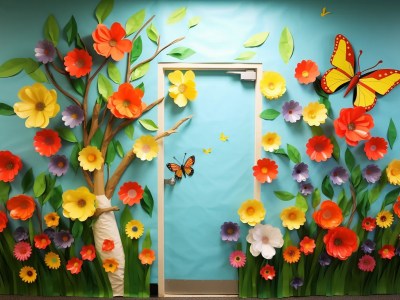 Classroom Door Decorated With Bright Flowers And Butterflies