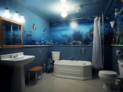 Clean Bathroom With Fish Murals On The Walls