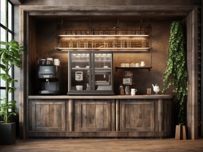 Coffee Shop Interior With Wooden Cabinets And Planters