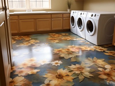 Concrete Floor In This Laundry Room Has Beautiful Flowers On It