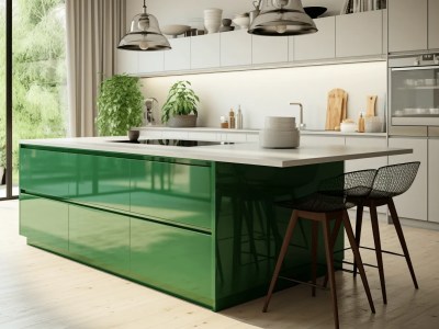 Contemporary Green Kitchen With Large Island And Black Island