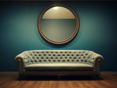 Couch In An Orange Room With A Round Mirror