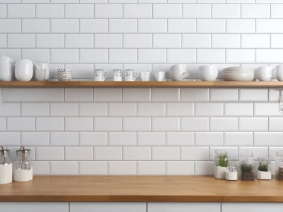 Counter With Wooden Shelves And White Tiles