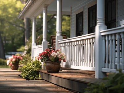 Country Porch With Wooden Railings And Potted Flowers That Are Outdoors