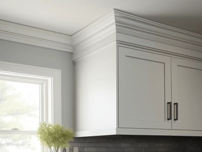 Crown Molding In A Kitchen With Gray Cabinets And A Window