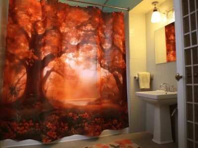 Curtain Depicting An Artistic Orange Forest Scene