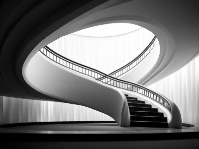 Curved Staircase In A Modern, Modern, Black And White Building