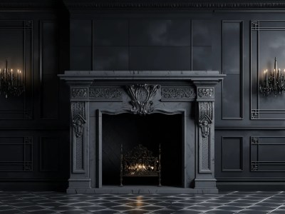 Dark And Elegant Fireplace In A Room With Ornate Walls And Carved Details 3D Illustration