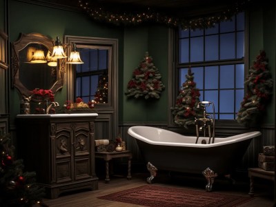 Dark Bathroom Decorated With Christmas Tree Decorations