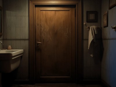 Dark Bathroom With Wooden Fixtures And A Door