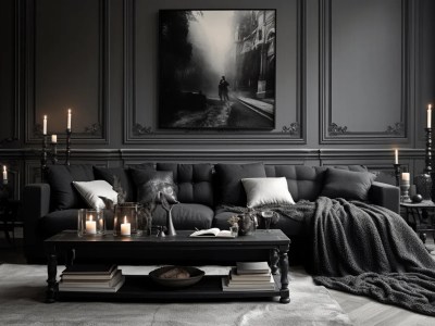 Dark, Black Living Room With A Black Coffee Table And Candles