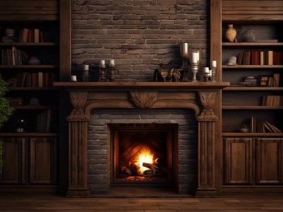 Dark Fireplace And Fireplace Mantel With Shelves And Books