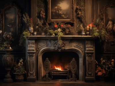 Dark Fireplace With Candles And Greenery In It