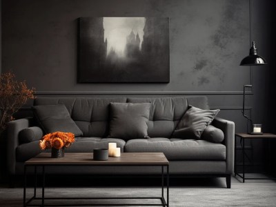 Dark Gray Couch In Living Room, With Large Painting, Lamp, Orange Table, And Book